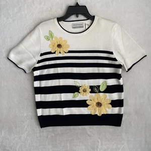 Alfred Dunner Womans Sweater Top Black White Floral PXL Cotton Blend Round Neck - Picture 1 of 8