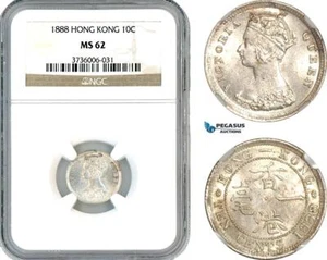 AK598, Hong Kong, Victoria, 10 Cents 1888, London Mint, Silver, NGC MS62 - Picture 1 of 1