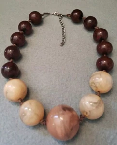 Bakelite Necklace Brown Beads & Beige Marbled Beads Statement Necklace Large  - Picture 1 of 14