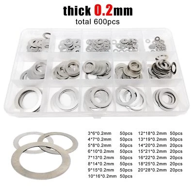 600pcs M3-M20 0.2mm 304SS Ultra Thin Flat Washer Adjusting Shim Plain Gasket Kit - Image 1 of 4