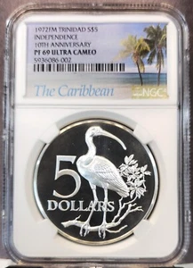 1972 TRINIDAD & TOBAGO SILVER 5 DOLLARS SCARLET IBIS BIRD NGC PF 69 ULTRA CAMEO - Picture 1 of 3