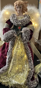 Gold and Burgundy and Green Lighted Angel Christmas Tree Topper Decoration 15"h - Picture 1 of 16