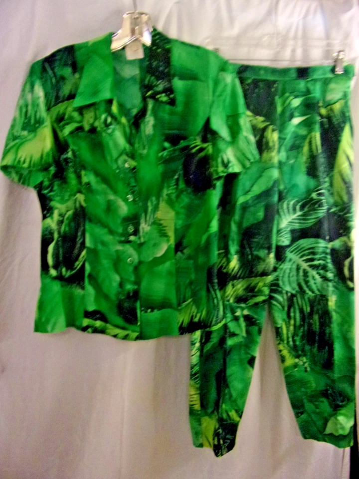 Camisa y pantalones de seda vintage Escada verde tropical hoja de palma 38/42 en muy buena condición Foto 1 de 4