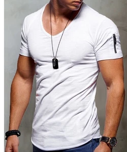 Men's Muscle T-Shirt Short-Sleeve V-Neck Summer Activewear Gym Tees White M - Picture 1 of 3