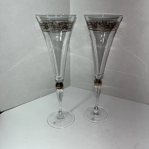 Godiva Chocolatier Champagne Flutes Set of 2 Crystal Clear Gold Accents 10" - Picture 1 of 13
