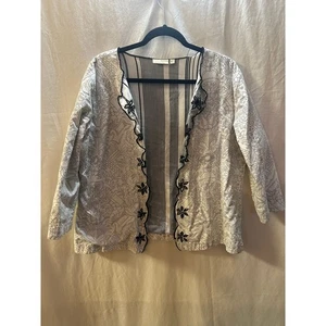 Chaqueta Bordada Blanco y Negro - Talla L - Detalle Floral y Rayas - 100% Algodón - Imagen 1 de 10