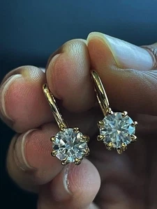 4Ct Round-Cut Lab Grown Diamond Prong Drop Dangle Earring 14k Yellow Gold - Picture 1 of 6