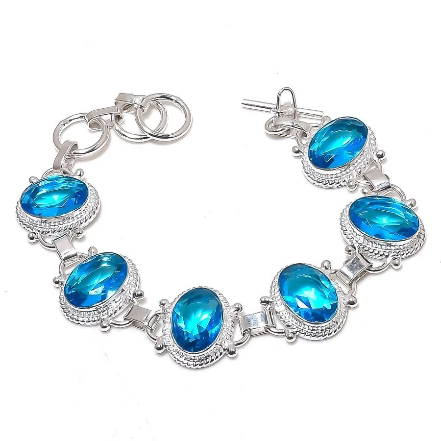 Swiss Blue Topaz Gemstone 925 Sterling Silver Jewelry Bracelet Size 7-8" - Image 1 of 1