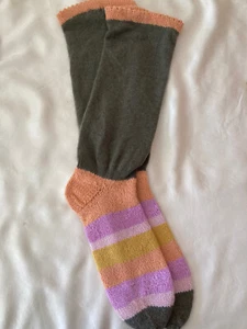 100% Cashmere Handmade Green Orange Gray Striped Soft Bed Socks Women's S M - Picture 1 of 7