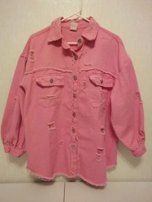 Camisa para mujer rosa abotonada envejecida top dobladillo crudo con bolsillos mangas largas XL Foto 1 de 4