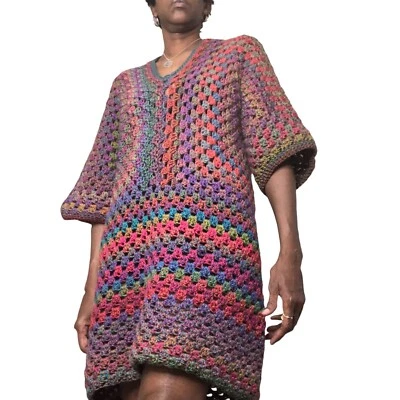 Amethyst Rose Vibrant Open Weave Handcrafted Crochet 3/4 Sleeves Sweater Dress - Image 1 of 4