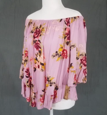 Hippie Laundry Blouse L Off Shoulder Floral Pink Crop Ruffle Boho Peasant Roses - Image 1 of 4