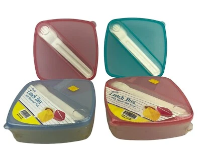 4 vintage plastic packable lunch food containers box spoon fork storage in lid - Image 1 of 4