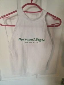 White ribbed high neck halterneck vest top tshirt baby tee crop size medium - Picture 1 of 5
