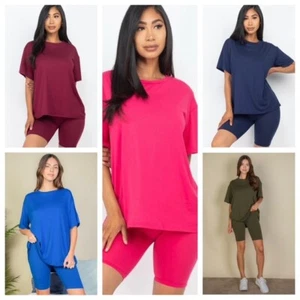 Two Piece Sets Women Summer Oversized  T Shirt Biker Shorts Matching Set Comfort - Picture 1 of 11