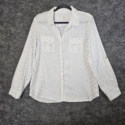 Charter Club Top Womens L White Gold Sparkle Dots Linen Roll Tab Button Up - Image 1 of 4