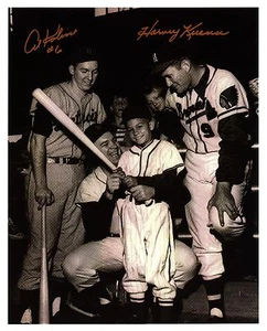 AL KALINE & HARVEY KUENN reprint 1954 Auto-photo with HOFer JOE ADCOCK - Picture 1 of 2