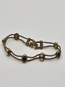 Vintage Goldette NY Green Glass Cabochon Faux Pearl Gold Tone Bracelet Signed - Picture 1 of 15