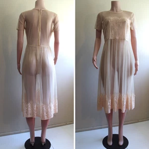 Semi Sheer Beige Dress Womens M Stretch Mesh Lace Bodice Hem Back Zip SS Retro - Picture 1 of 6