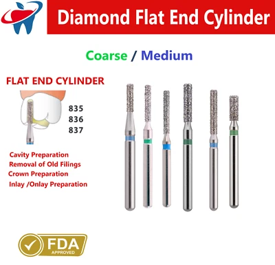 AMGOODS Dental Burs Diamond FG High Speed Flat End Cylinder Bur 835, 836, 837 Crown Prep