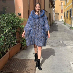 Women Genuine Silver Fox Fur Hood Poncho Coat Real Nature Fur Wrap Shawl Outwear - Picture 1 of 26