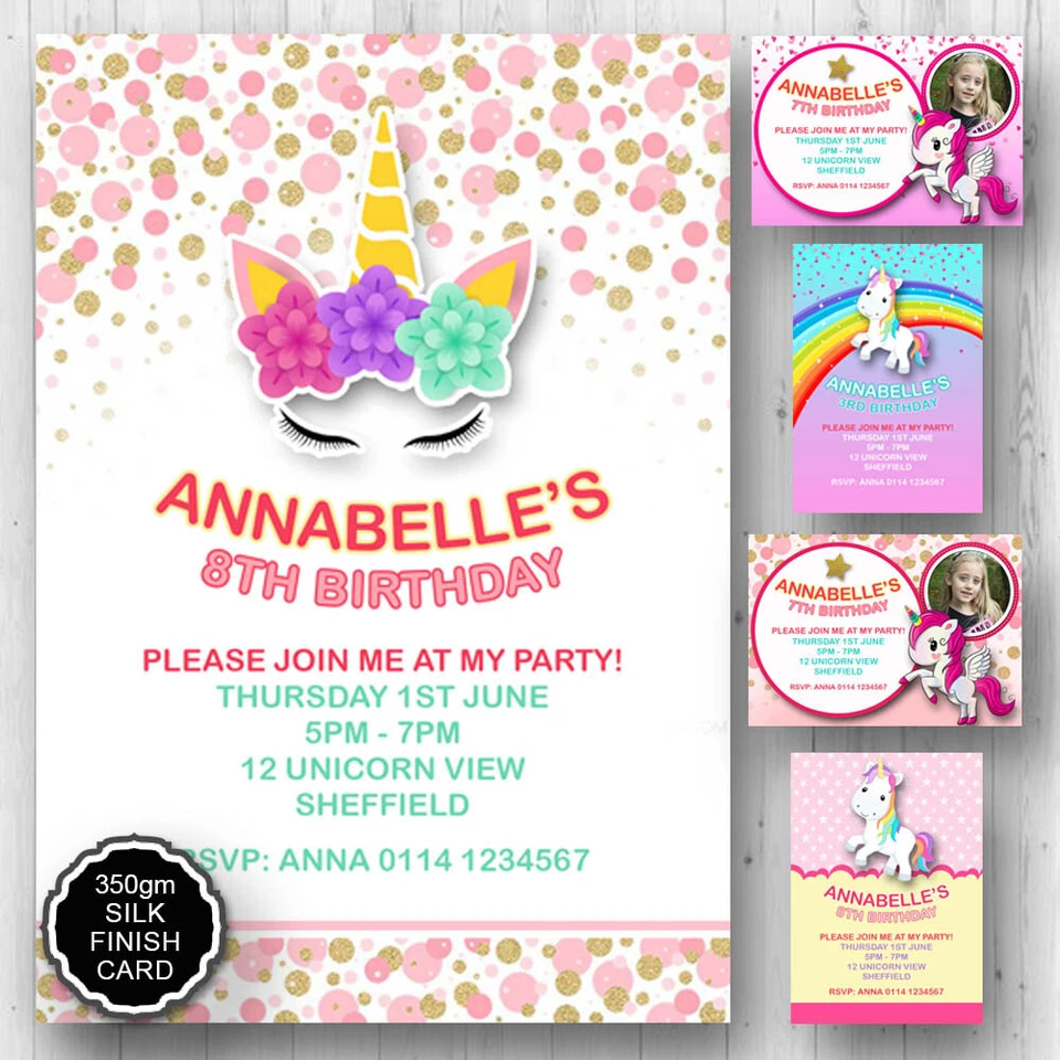 10 Invitaciones Personalizadas Unicornio Arco Iris Niñas Fiesta de Cumpleaños Invitaciones Foto 1 de 1