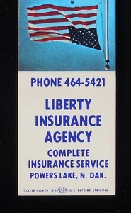1970 Liberty Insurance Agency Powers Lake ND Burke Co Matchbook Dakota del Norte - Imagen 1 de 2