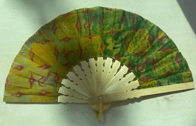 Abanico Mano Bambú Tela Amarillo Hecho a Mano Indonesia Nuevo Avenico Verano Moda #58 Foto 1 de 4