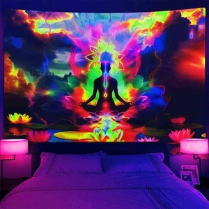 Yoga Meditation Wall Art Blacklight Poster UV Reactive Tapestry Wall Hanging - Picture 1 of 6