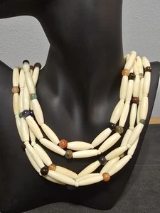 Vintage 5 Strand Bone & Stone Beaded 27" Necklace - Picture 1 of 12