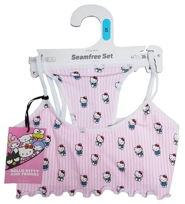 Primark Hello Kitty бесшовный бюстгальтер верхний стринги нижнее белье комплект розовый полоски Великобритании S 10-12 - Изображение 1 из 4