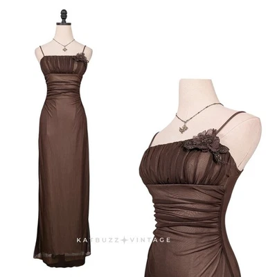 Maxi Vestido de Baile de graduación Vintage S Marrón Y2K Malla Hada Grunge Babydoll Trinángulos Foto 1 de 4
