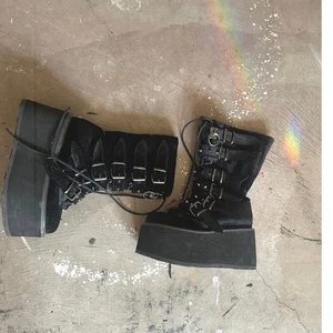 Platform Boots, Goth, Edward ScissorhandsBlack Velvet Stud Buckle Mid Calf - Picture 1 of 5