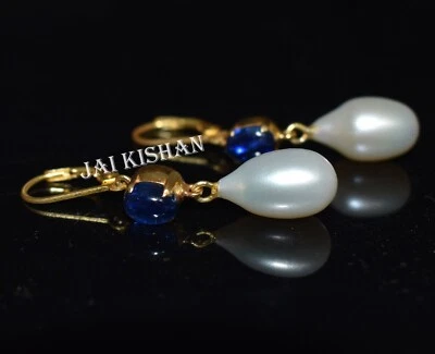 Vero Cianite Perla Gemma 925 Argento Sterling Pendente Orecchino Vittoriano - Immagine 1 di 4