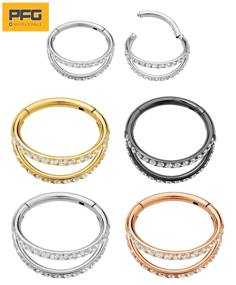 G23 Titanium Double Hoop Gem Hinged Segment Septum Nose Ring Sleeper Earrings - image 1 of 4