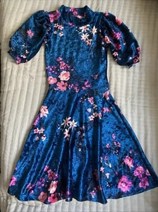 Aqua Blue Crushed Velvet Girls Dress Small ~ 5 Flowers Puff Sleeves Mock Neck - Picture 1 of 15