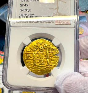 PERU 8 ESCUDOS 1724 "ONLY 3 GRADED" NGC 45 PIRATE GOLD COINS DOUBLOON TREASURE - Picture 1 of 24