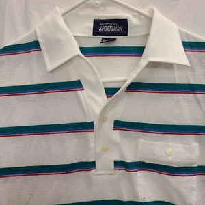 Vintage 70s 80s Mervyn's Polo Shirt mens sz Medium white Teal stripe Sportsman - Picture 1 of 14