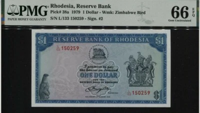 1979 RHODESIA 1 DOLLAR P-38a PMG 66 EPQ GEM UNCIRCULATED - Image 1 of 2