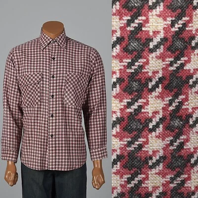 XLarge Vintage 1960s 60s Mens Houndstooth Long Sleeve Shirt Pink Flap Pockets - Image 1 of 4