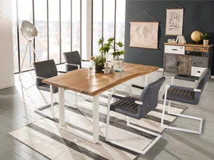 Tischgruppe Picton Esstisch Akazie 170x90 Baumkante + 4x Stuhl grau Metall weiß - Bild 1 von 11