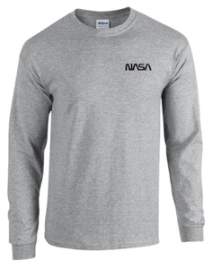 NASA Worm Logo Grey Embroidered Heavy Cotton Long Sleeve T Shirt  - Picture 1 of 2