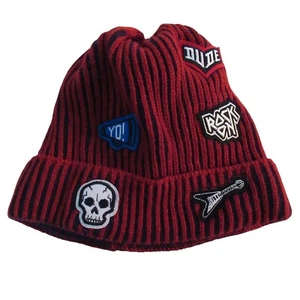 Children's Winter Hat Red Cuffed Beanie Boys L / XL Patch Stripe Lined 8+ Years - Picture 1 of 3