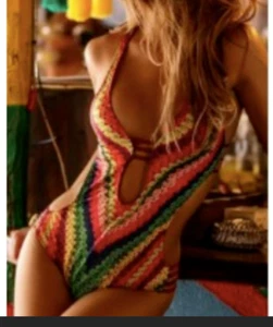 Sexy Monokini Printed Bathing Suit Red/Pink/Yellow - Open Back - Picture 1 of 3