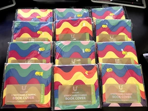 12 Stretchable Fabric Book Cover, Fits Up To 10.5 X 11.5 Rainbow Waves Pattern - Picture 1 of 3