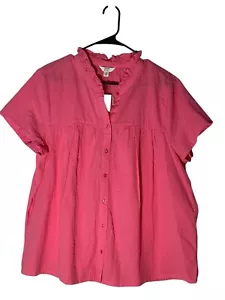 Crown & ivy Women’s Pink Ruffle Neck Button Up Short Sleeve Size 1X Blouse NWT - Picture 1 of 7