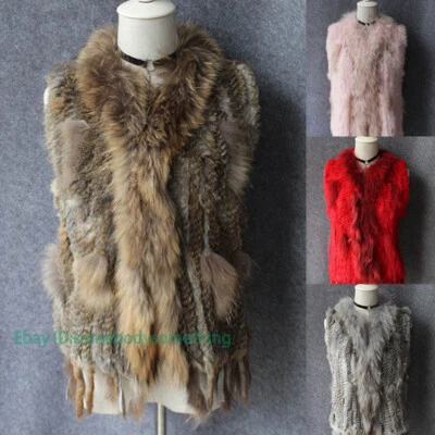 Women's 100% Real Rabbit Fur Vest Real Raccoon Fur Collar Sleeveless Waistcoat - Image 1 of 4