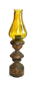 Lámpara Candelabro Madera Antigua - Pantalla de Vidrio Ámbar Acanalado, 12" de Alto, Rústica - Imagen 1 de 7