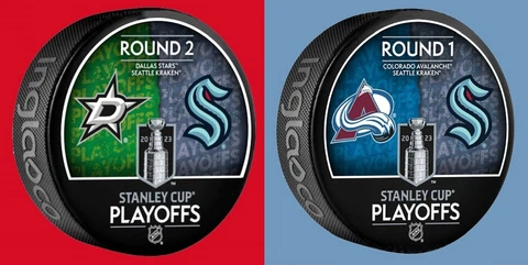 2023 STANLEY CUP PLAYOFFS DUELING PUCK SET SEATTLE KRAKEN VS. STARS ROUNDS 1 & 2 Cover