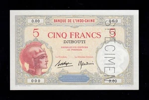 F.C. FRENCH SOMALILAND , 5 FRANCOS 1926/38 , SPECIMEN , S/C ( UNC ) , P.6b . - Picture 1 of 2
